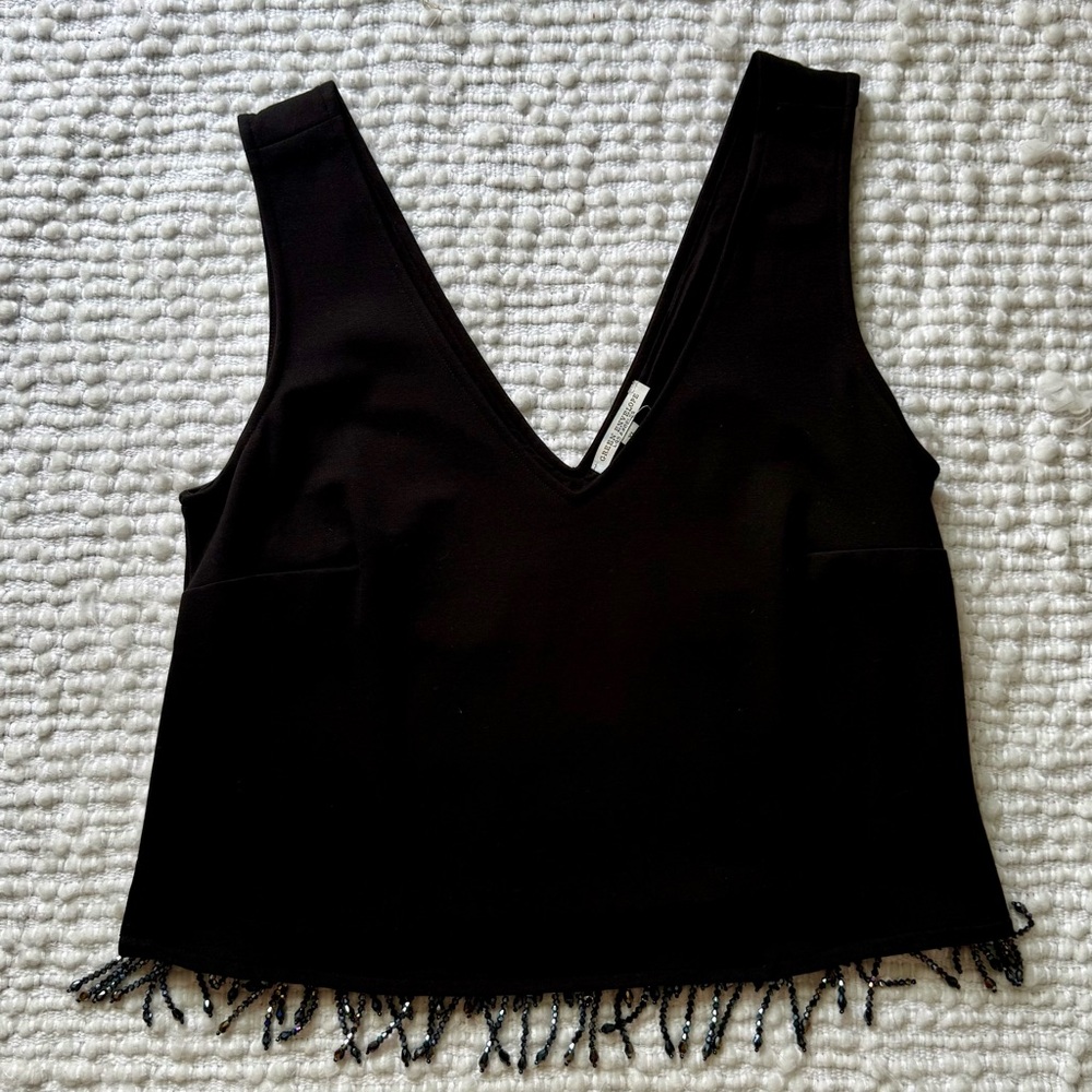 Green Envelope Women's Black V-Neck Tank Top with Beaded Fringe Size XL